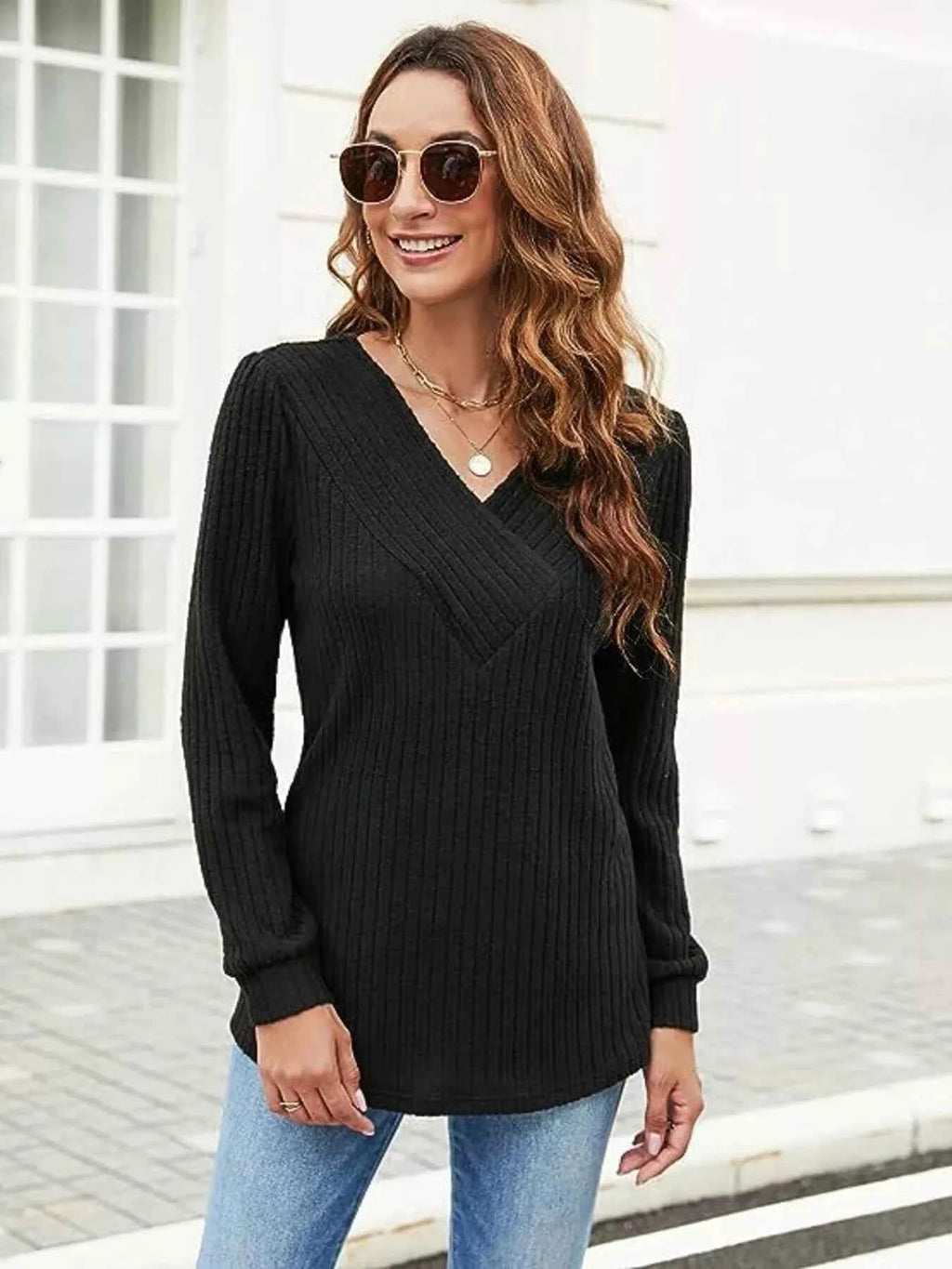 V-Neck Ribbed Long Sleeve Knit Top Black 081b1371490a4ae1a0671341f0740c19-Max-Origin