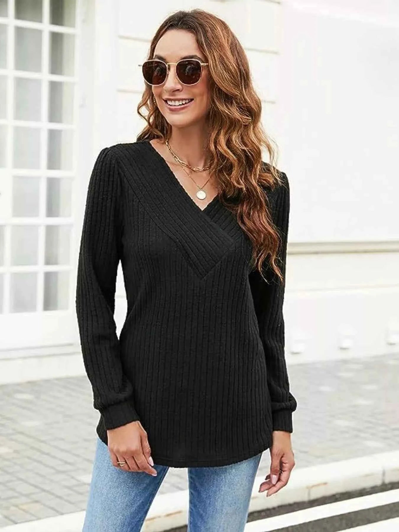 V-Neck Ribbed Long Sleeve Knit Top Black 081b1371490a4ae1a0671341f0740c19-Max-Origin