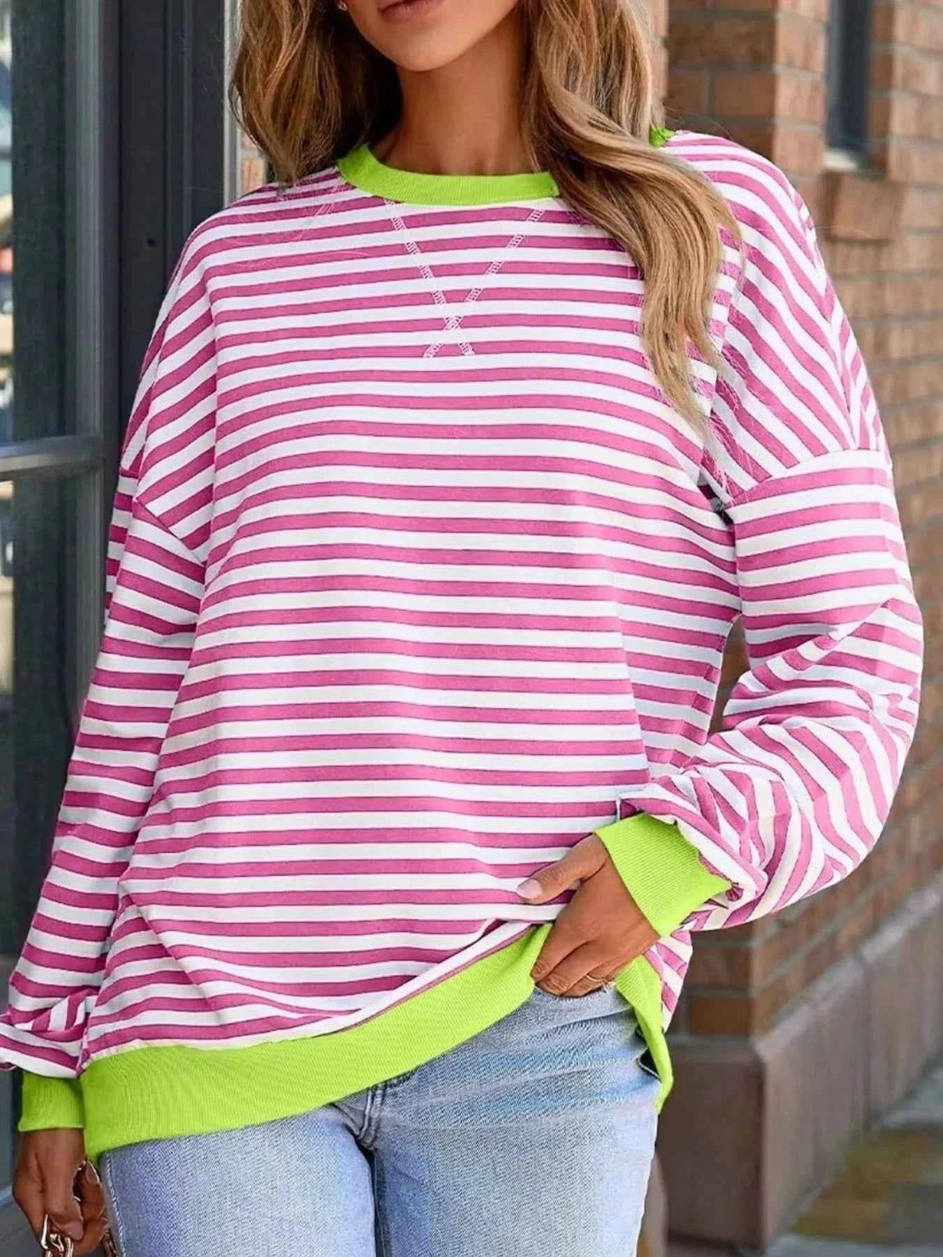 Striped Round Neck Dropped Shoulder Sweatshirt 081d6057-622e-49fc-a499-e4a0abab5a2d-Max-Origin