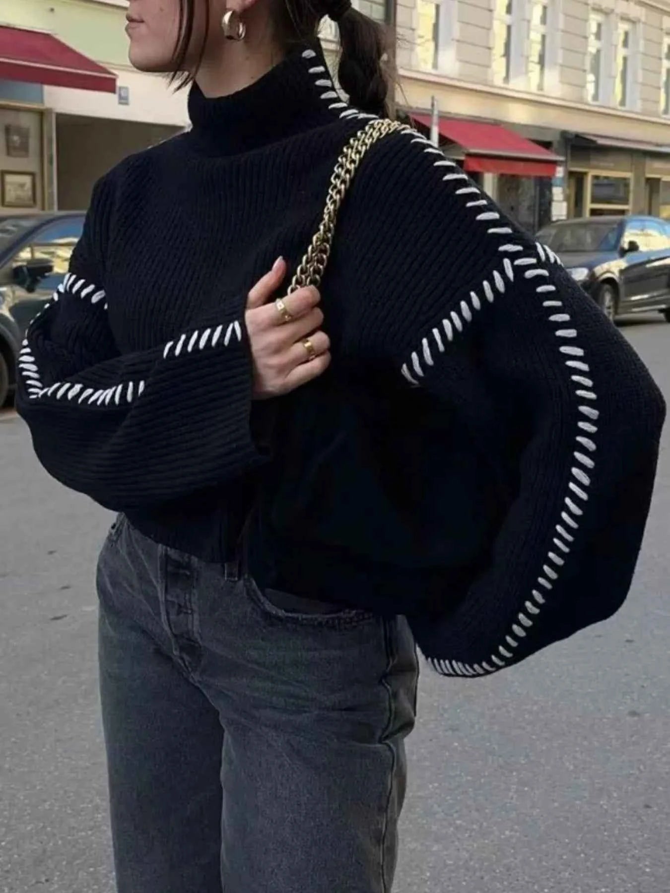 Contrast Mock Neck Long Sleeve Sweater