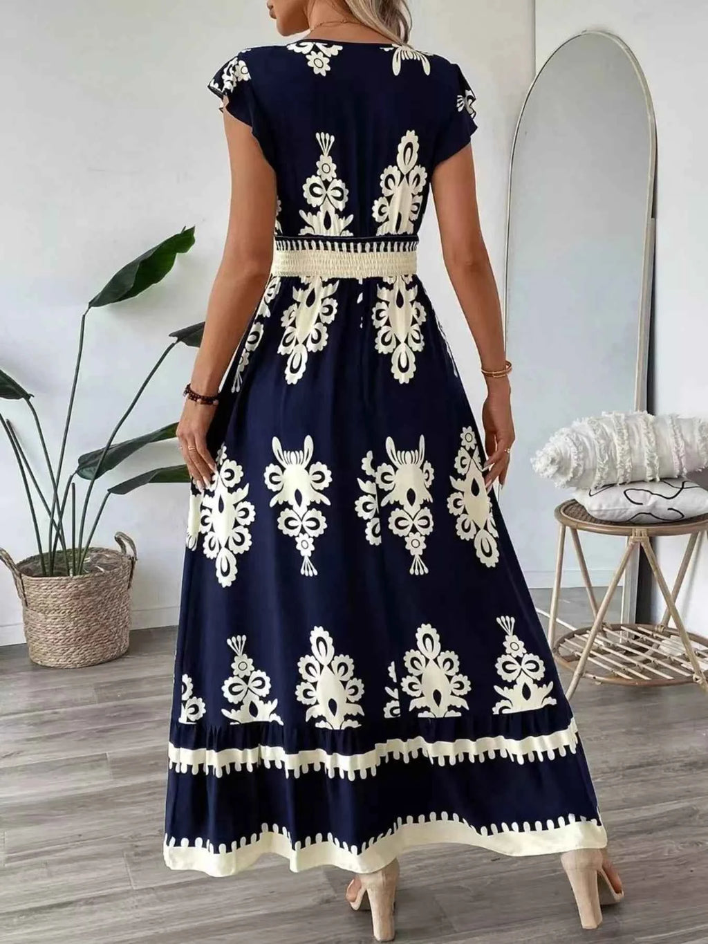 Printed V-Neck Ruffled Cap Sleeve Dress 081f46f8030b4ed5a2420f91fed72da8-Max-Origin