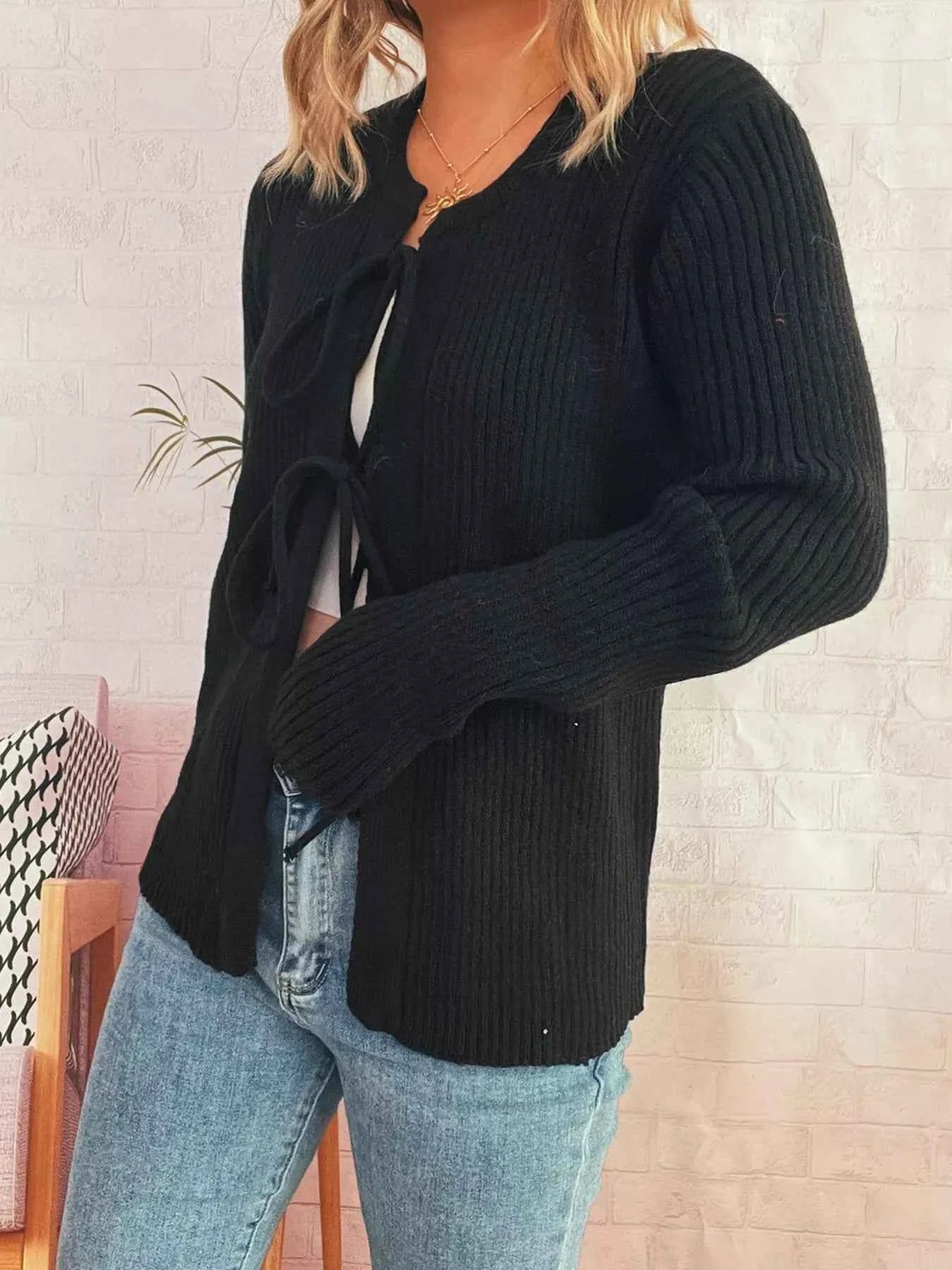 Ribbed Tie Front Long Sleeve Cardigan 082ddefe037447068337f2964c0453c8-Max-Origin