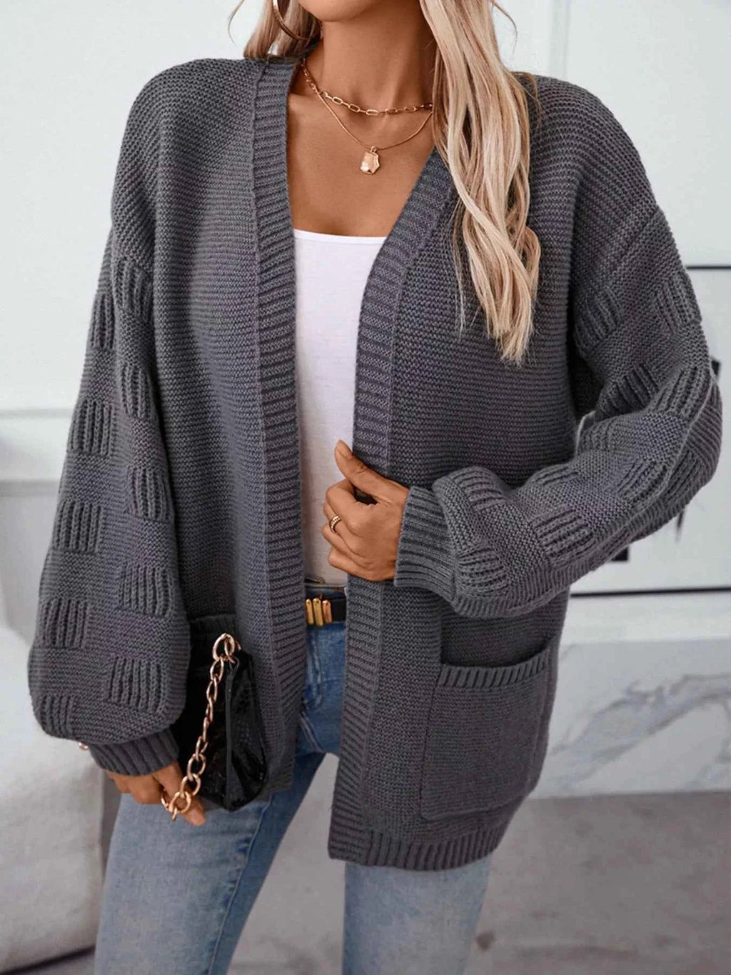 Textured Knit Open Front Cardigan Dark Gray 082f85d4-77e6-4f24-8bd0-b6ed3ee396a7-Max-Origin