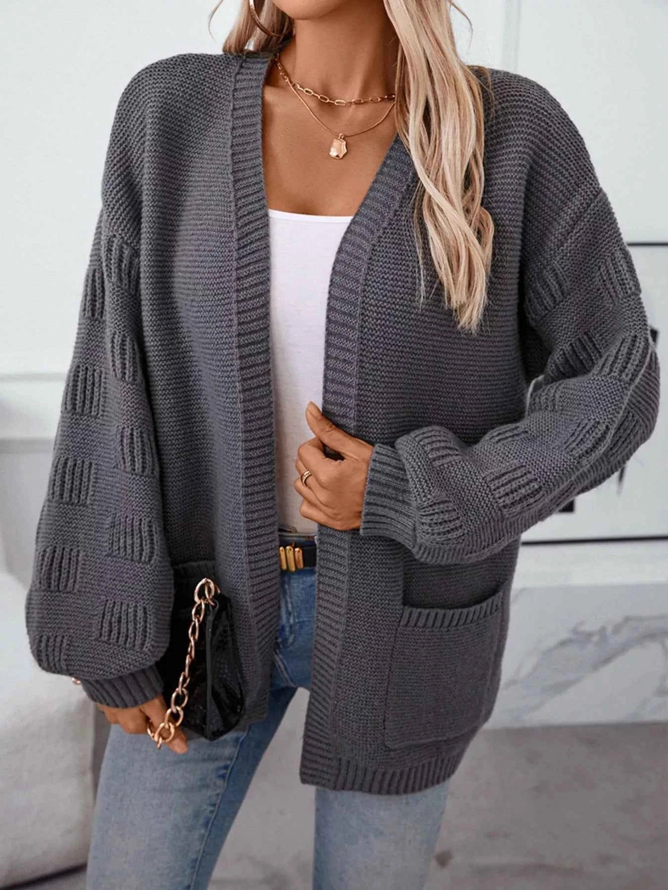Textured Knit Open Front Cardigan Dark Gray 082f85d4-77e6-4f24-8bd0-b6ed3ee396a7-Max-Origin