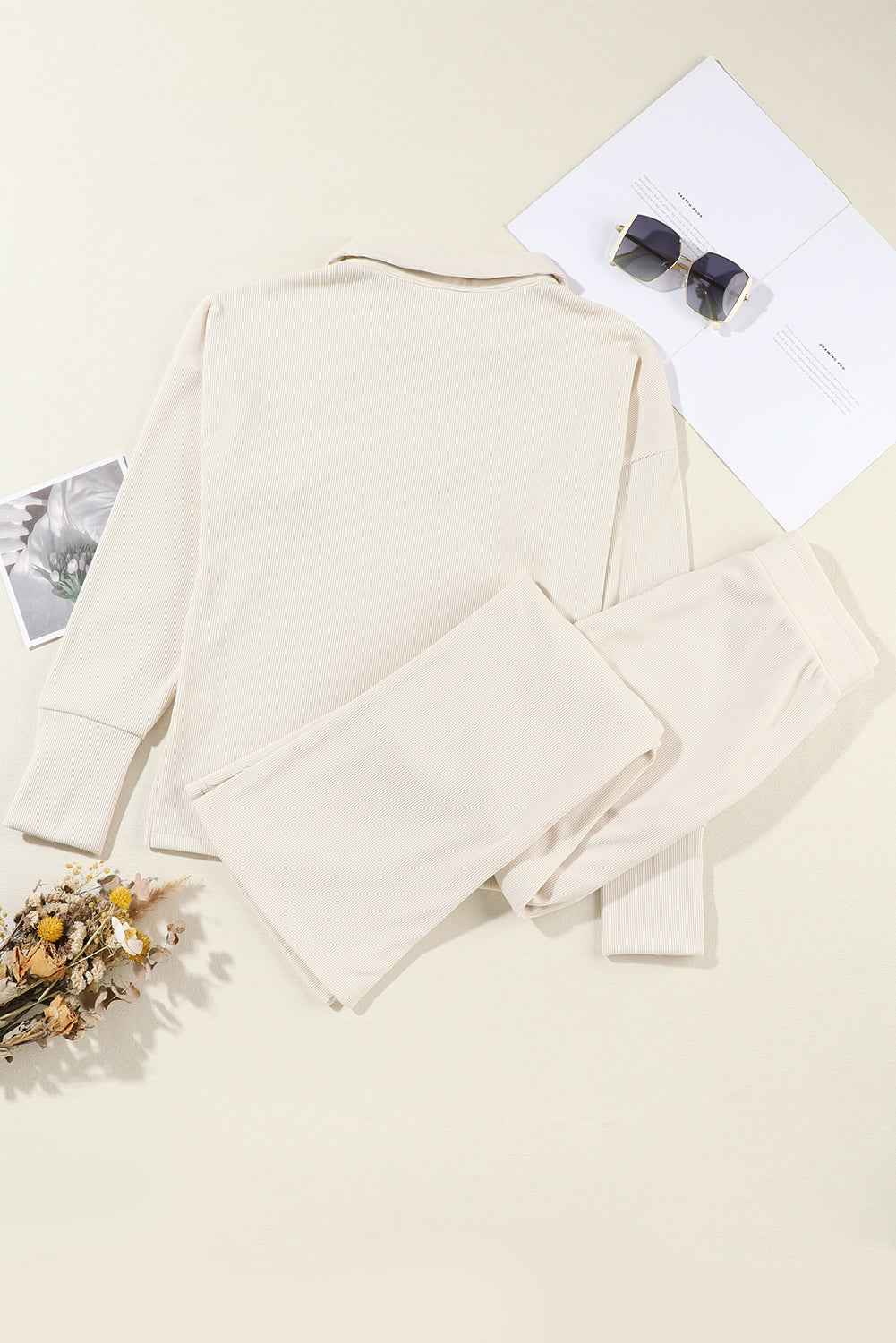 Beige Collared Split Neck Ribbed 2pcs Athleisure Outfit 0835cac433812774