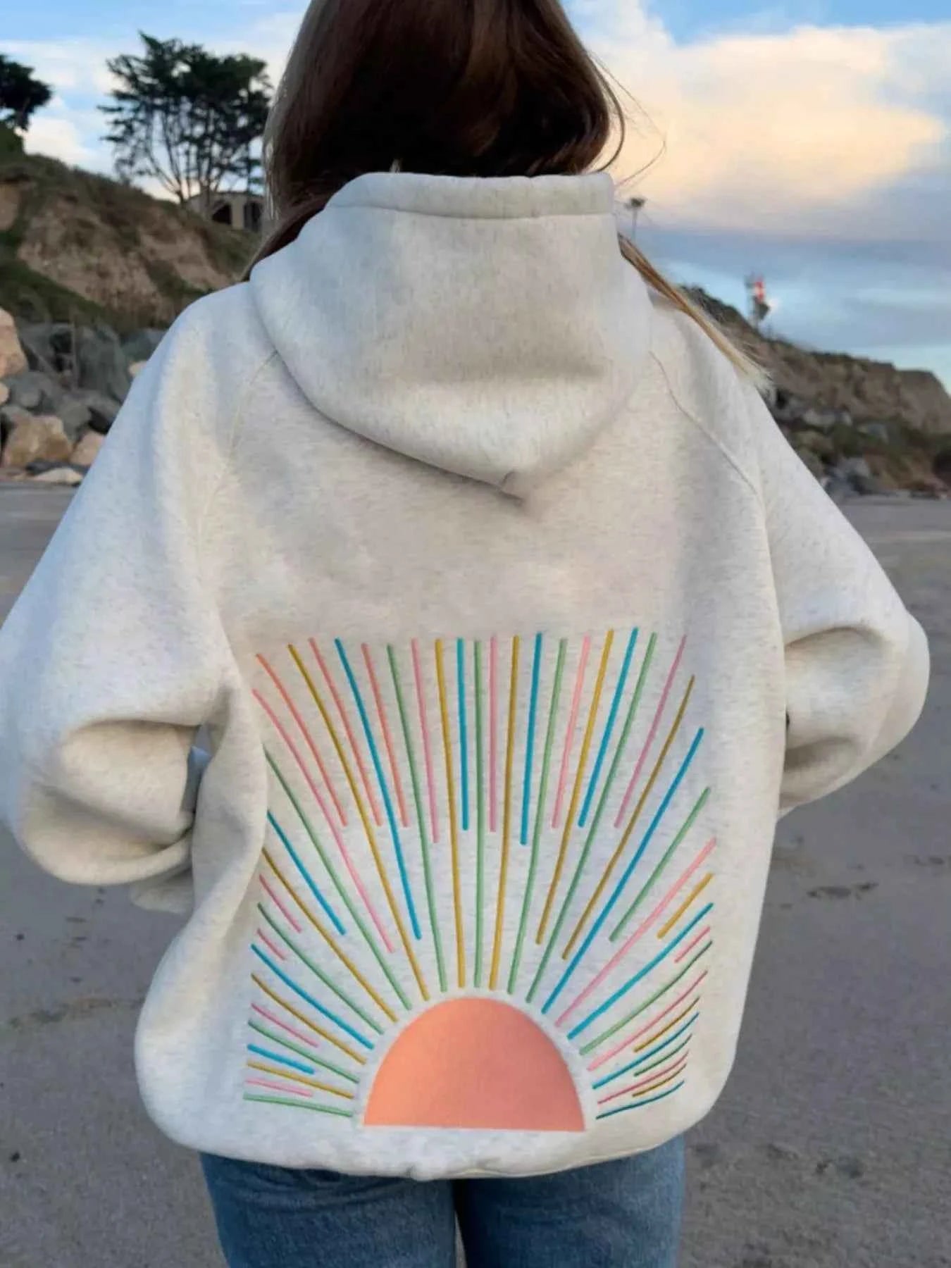 Sunrise Graphic Drawstring Hoodie Gray 0836487f-ced2-4ade-b26f-cc281f9d24b4-Max-Origin