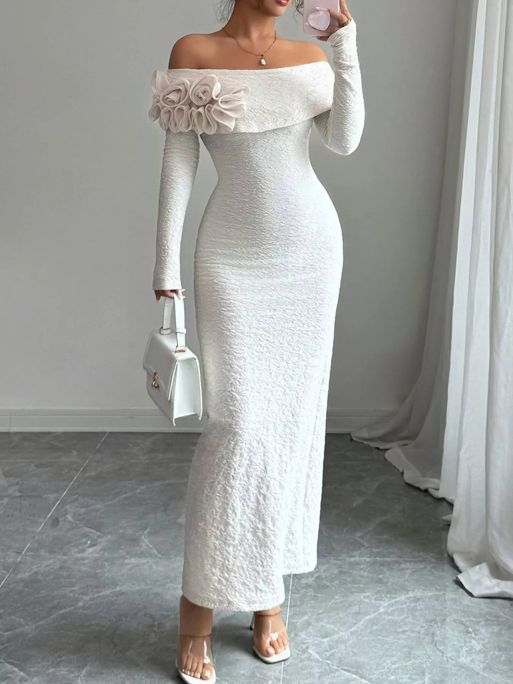 Flower Off-Shoulder Maxi Dress Apricot 08368448-74bc-4cb4-9953-918994174e43-Max-Origin