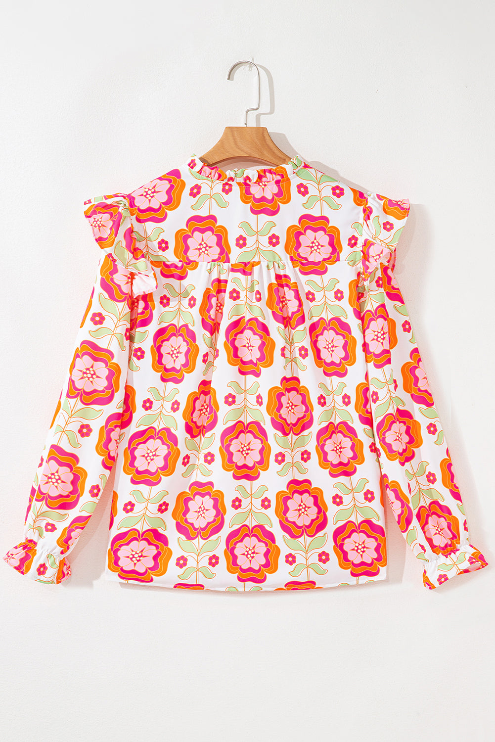 Rose Floral V Neck Ricrac Trim Ruffle Long Sleeve Blouse 08389c09af359664