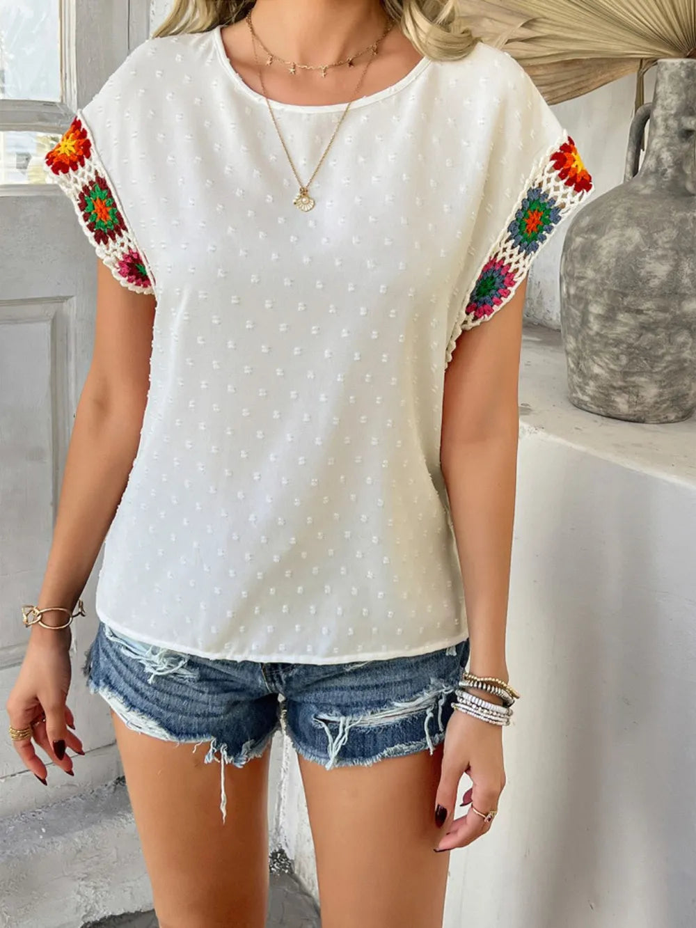 Devine Swiss Dot Round Neck Crochet Short Sleeve Top 08407270-fd3e-409f-941c-8f2893d84aaa-Max