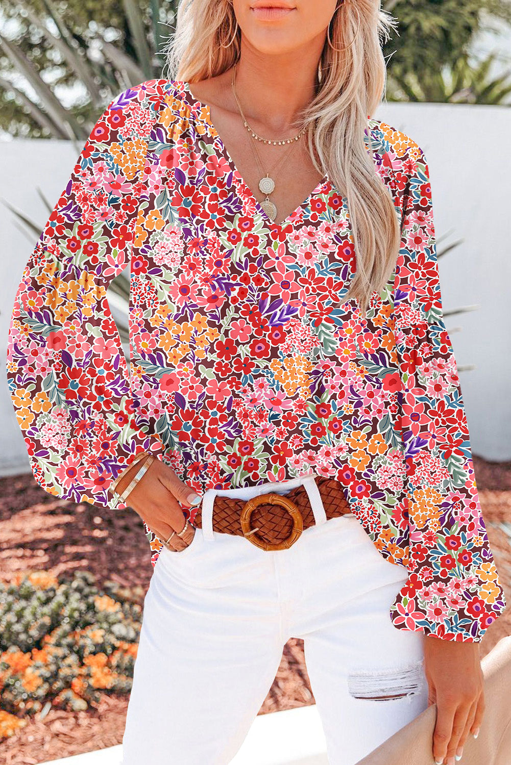 Red Boho Floral Print V Neck Long Sleeve Blouse Red-3 100%Polyester 084320399782c0d1