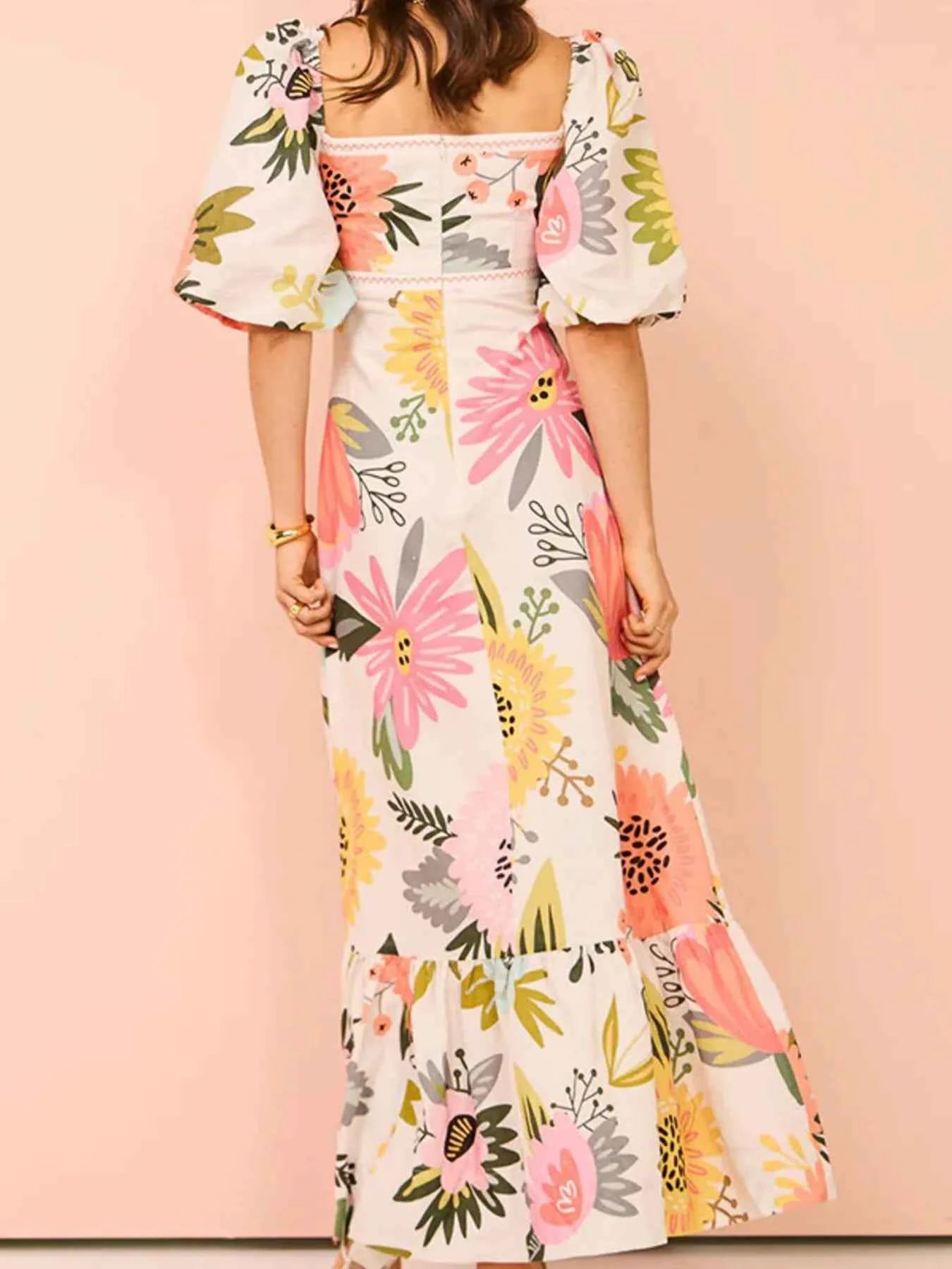 Floral Square Neck Puff Sleeve Maxi Dress with Ruffle Hem 0847ad0bc985421f902123a3bdec17f1-Max-Origin