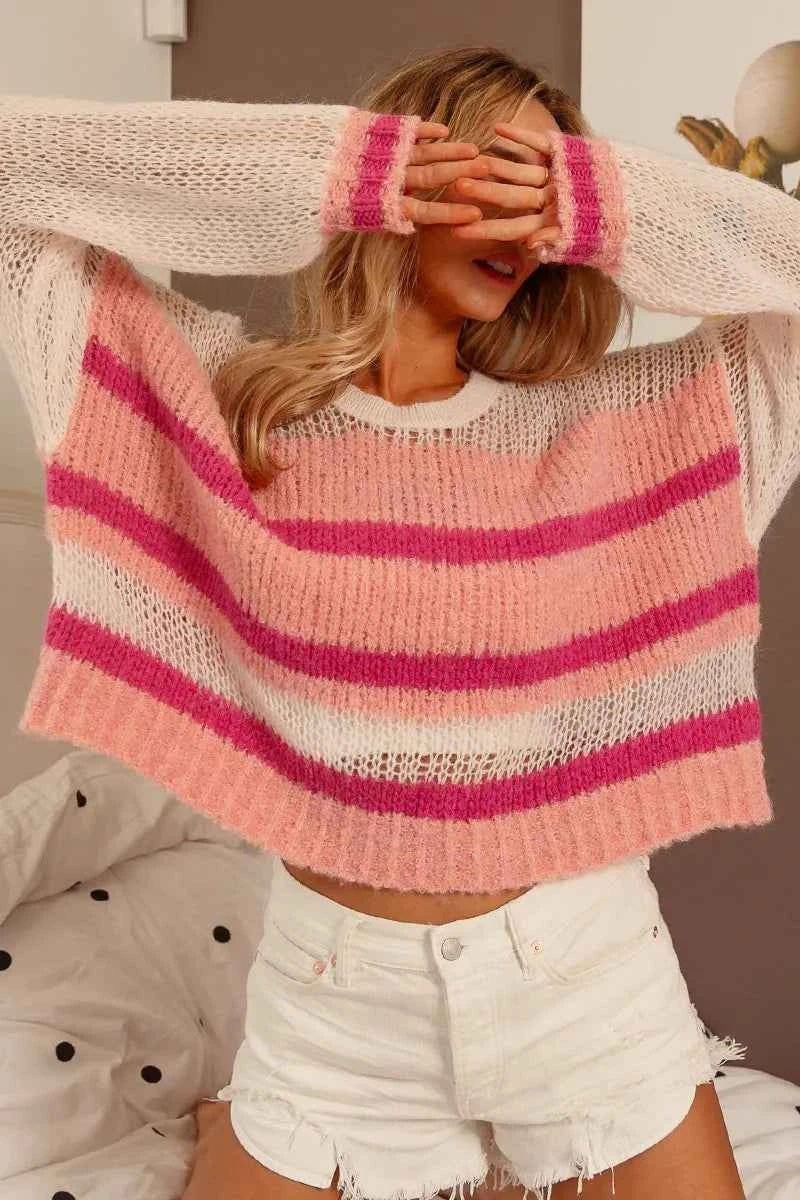BiBi Hollow Out Yoke Detail Striped Sweater 0857ec8fc2024fa3be1df3e2b81d1280-Max-Origin
