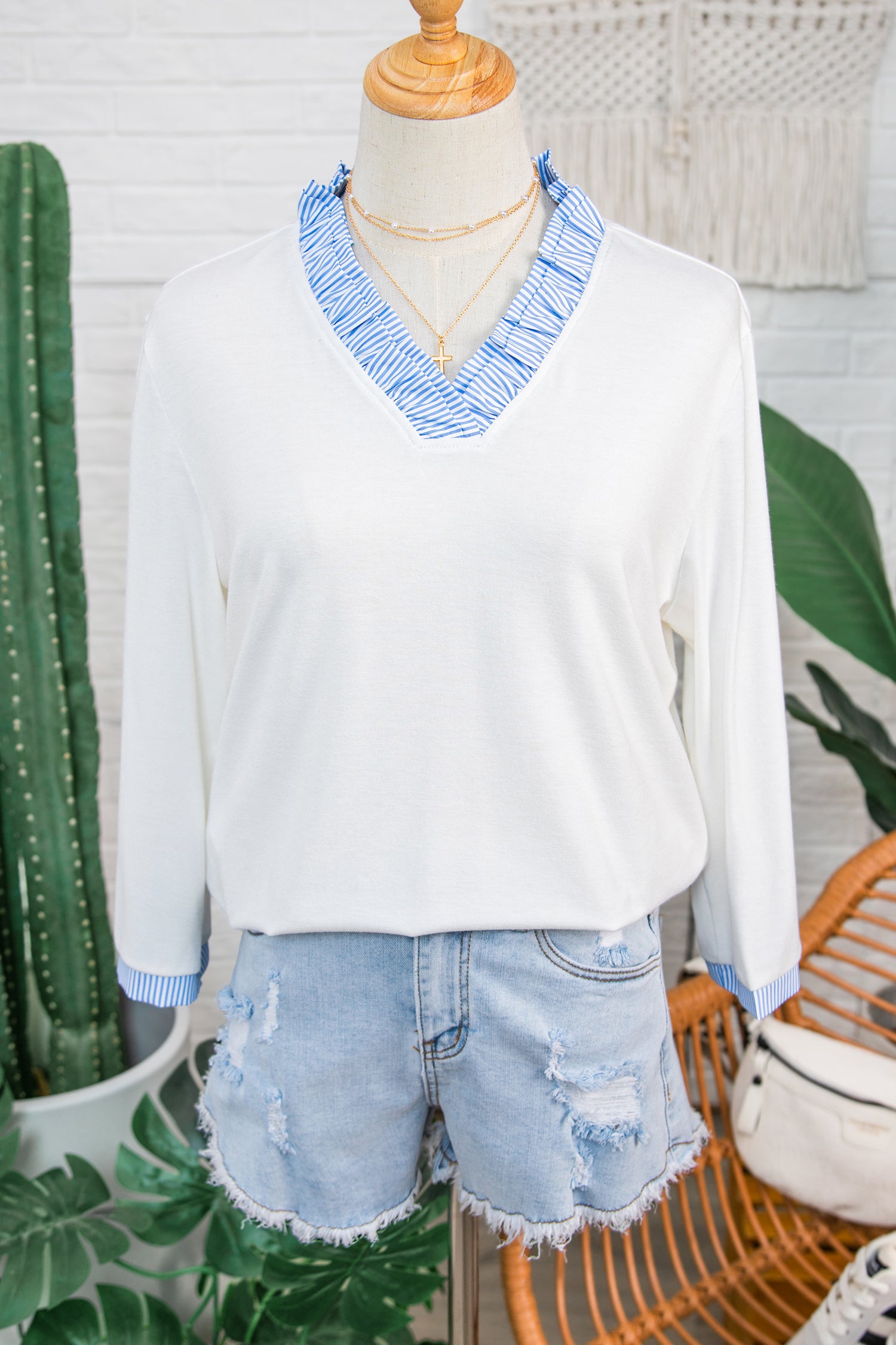 White Striped Patchwork V Neck 3/4 Sleeve Blouse 085a3972a513d432