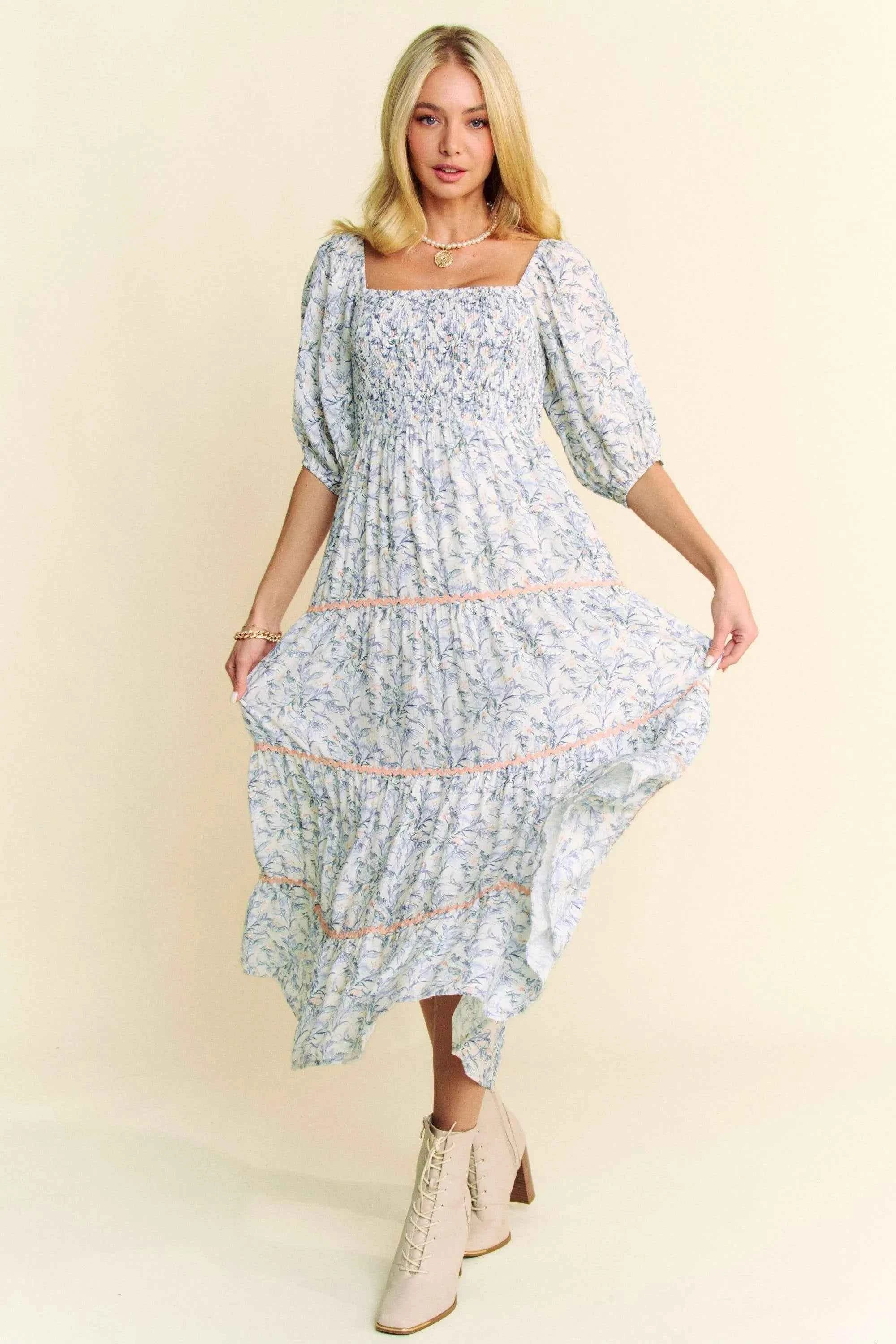 Davi & Dani Contrast Ric Smocking Bodice Tiered Midi Dress BLUE 085d712e6603469999063382b2dc280f-Max-Origin