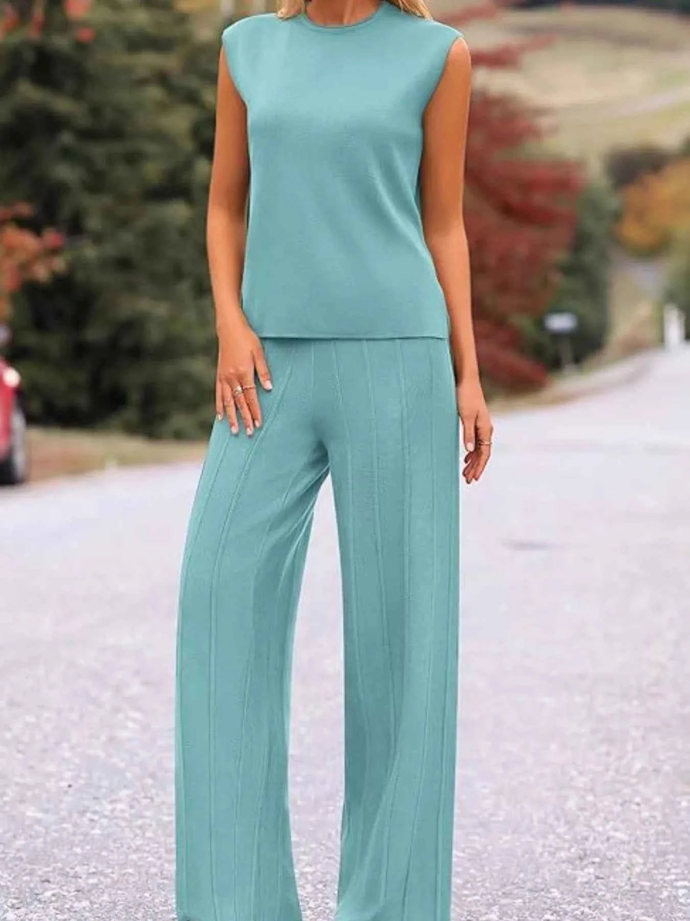 Casual Solid Color Cap Sleeve Top and Pants Knit Set Turquoise 085e8195-a63a-46fe-88d4-cefda5e76322-Max-Origin