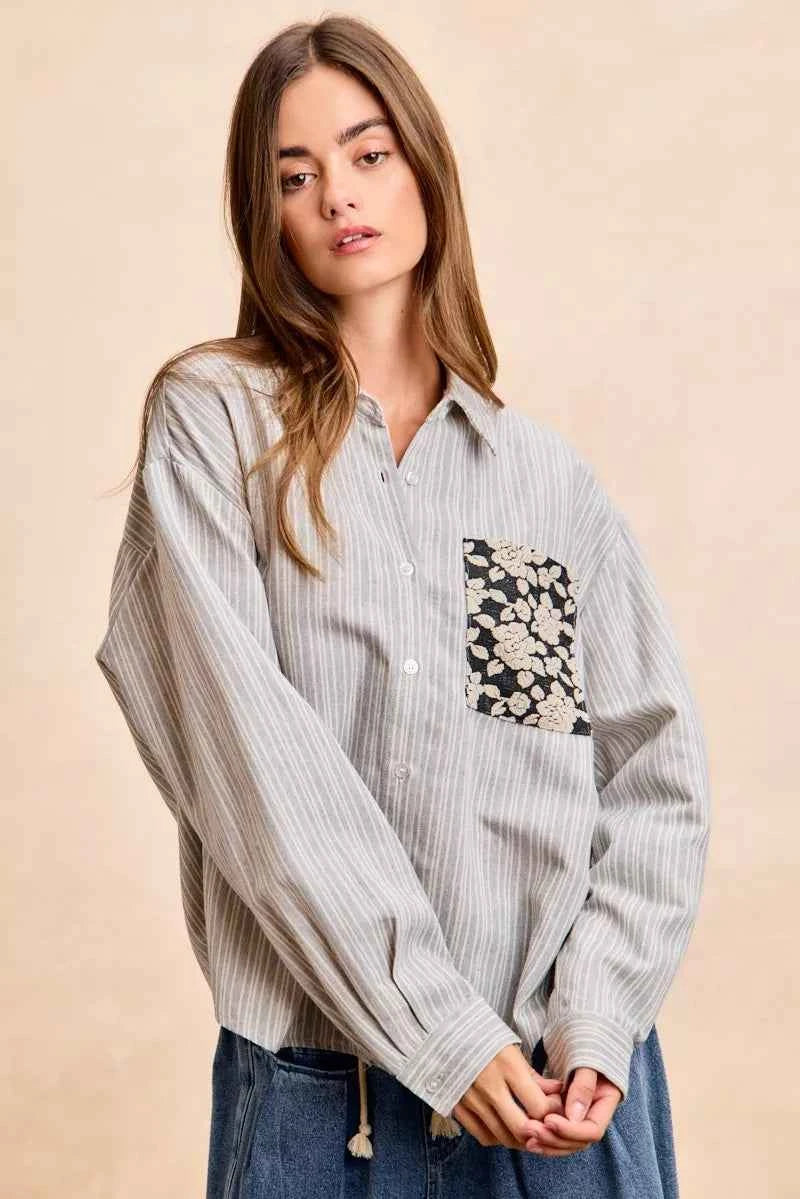 BiBi Flower Jacquard Knit Patch Pocket Stripe Shirt 08607a166fd546488601bcd6fe891091-Max-Origin