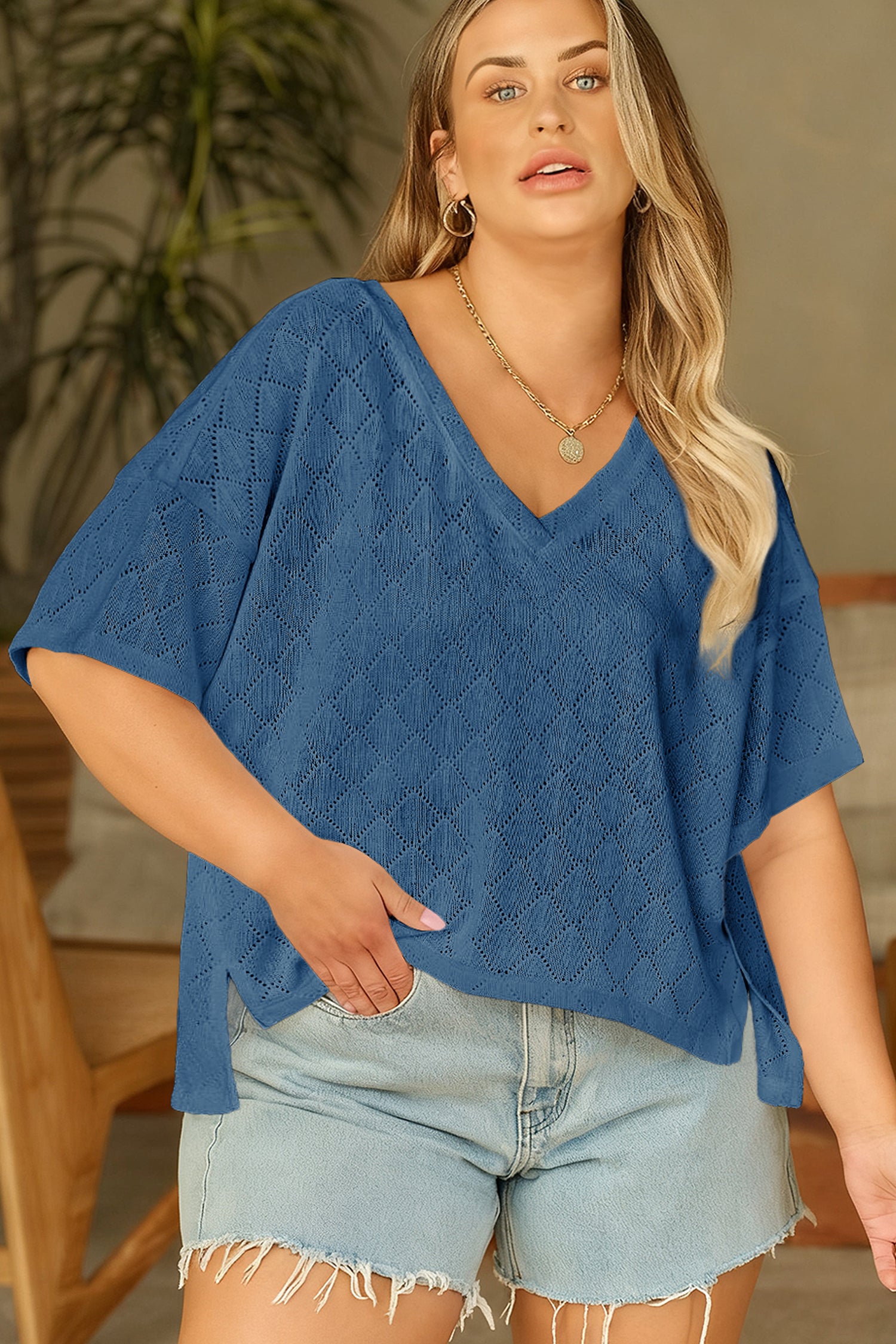 Black Pointelle Rhombus Knit Plus Size V Neck Loose Top 0861393c0d23f35c