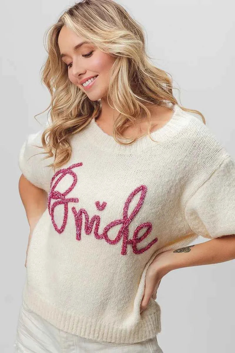 BiBi Metallic Letter Short Puff Sleeve Hairy Sweater 08622c654bab477f93494cf666b696a7-Max-Origin