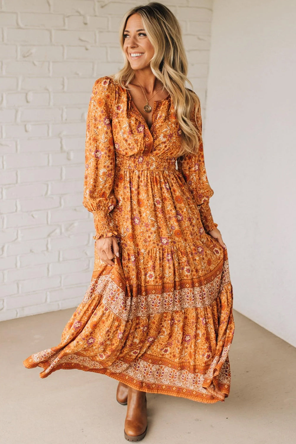 Orange Floral Print Smocked Waist Long Sleeve Boho Maxi Dress 08628a00e2d894ba
