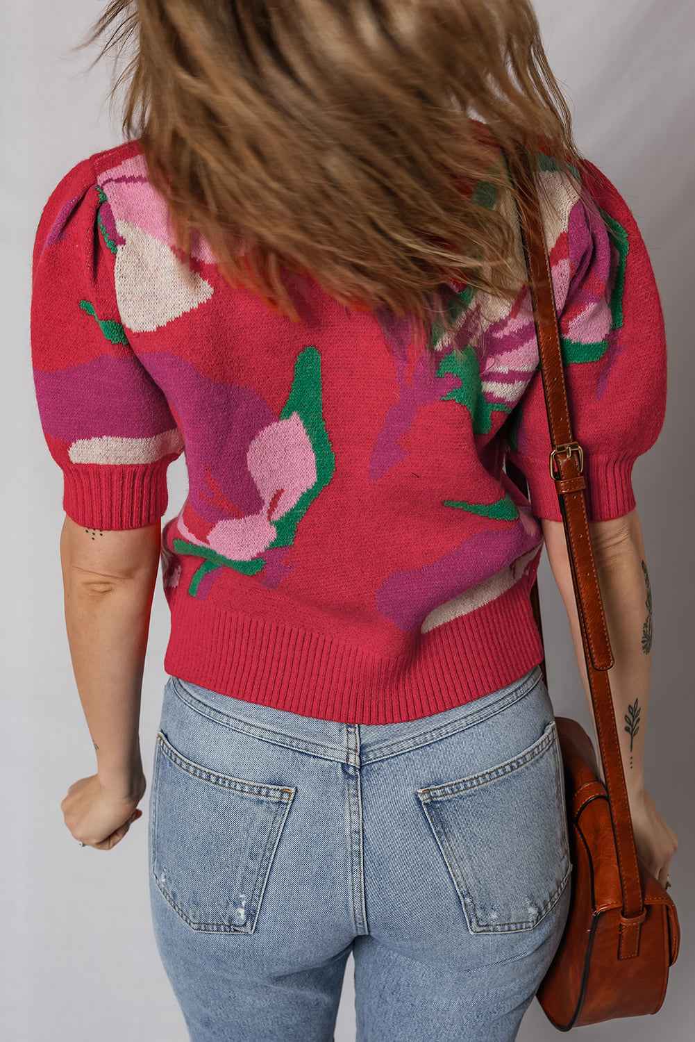 Red Floral Abstract Print Short Puff Sleeve Sweater 086b07ab870952e8