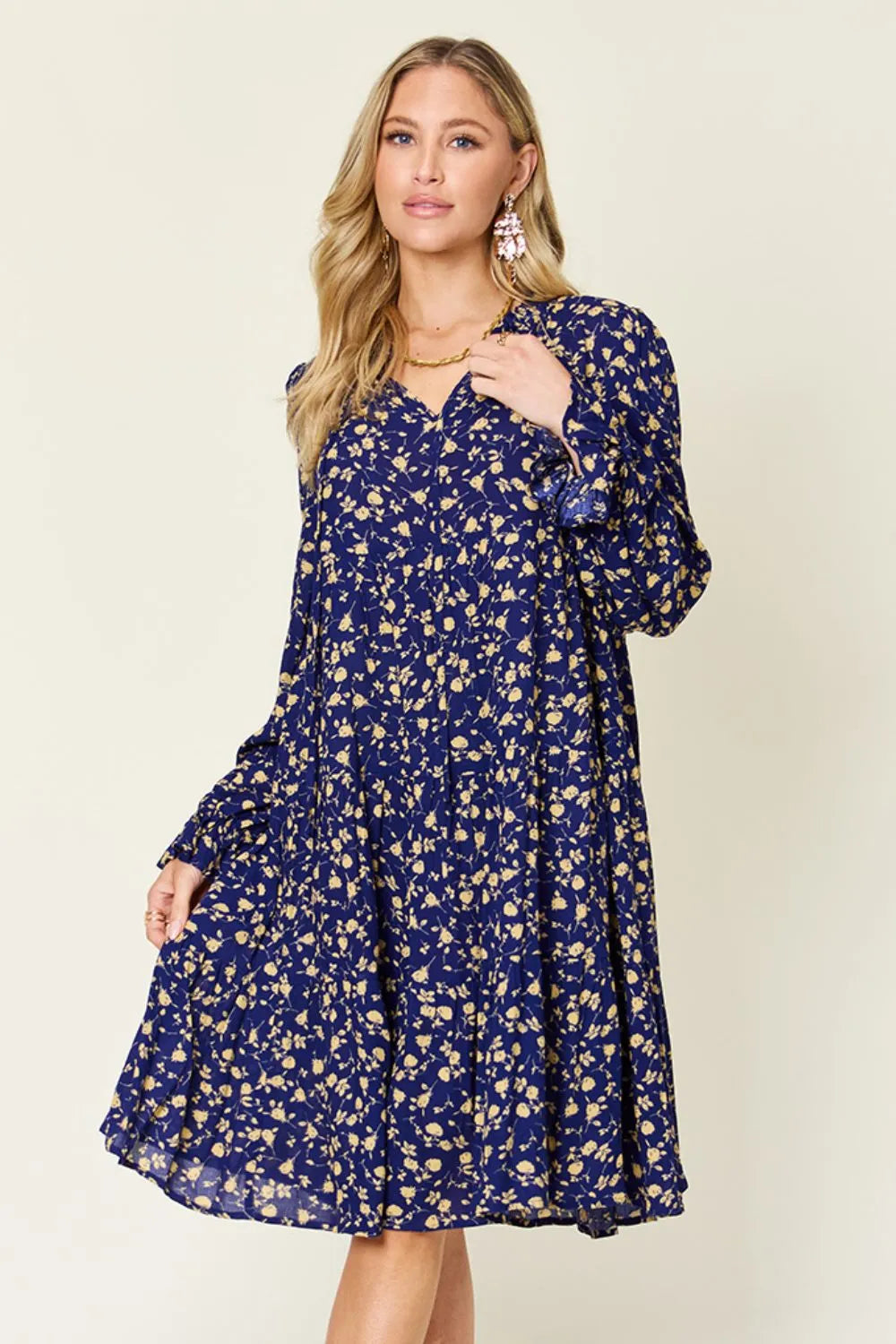 Double Take Full Size Printed Ruffle Hem Long Sleeve Tiered Dress Dark Blue 086bc86d-115b-4a54-a7b0-232db6153612-Max