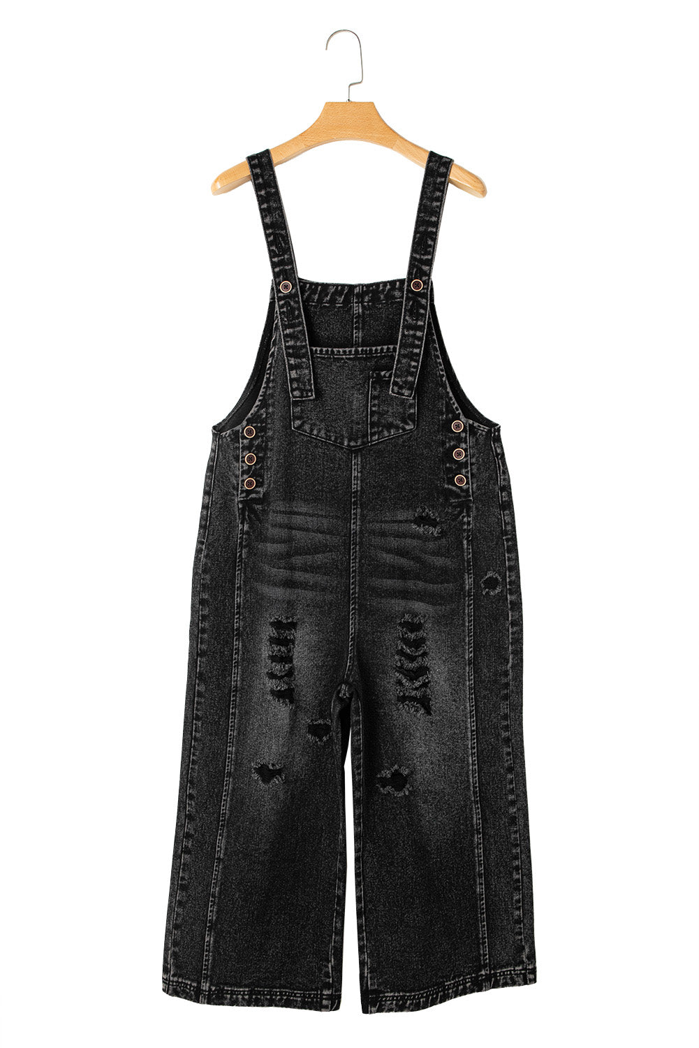 Black Distressed Bib Pocket Wide Leg Denim Overall 087571c4b43927d3