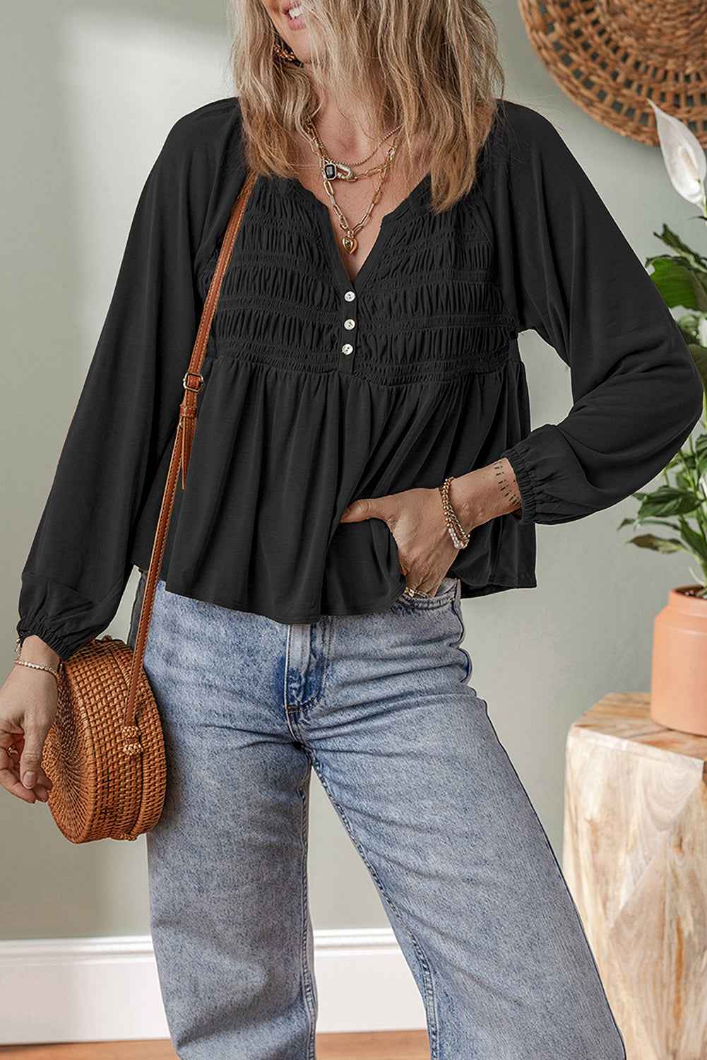 Black Smocked Bust Buttoned Split V Neck Flowy Blouse 0878037dec9c6d47