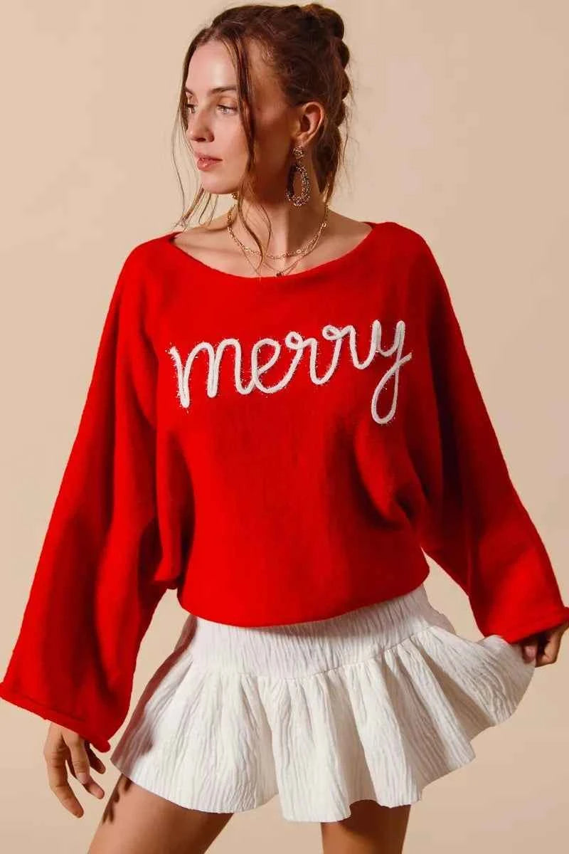 SO ME Merry Tinsel Lettering Christmas Sweater Top RED IVORY 087956c3ddb04c8cac4441bf04442b3c-Max-Origin