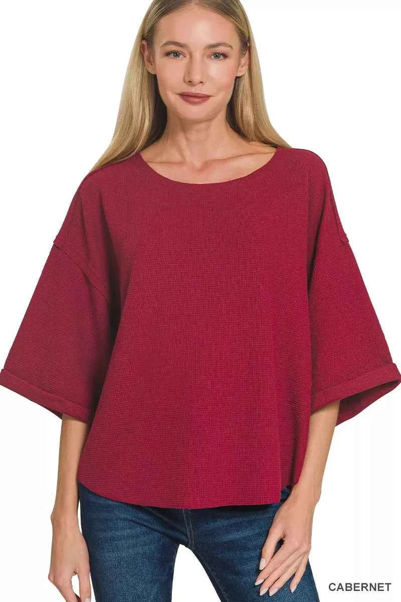 Zenana Double Knit Exposed Seam Curved Hem Top CABERNET 0880c5e8120f495f99ac25ad75efb3b1-Max-Origin