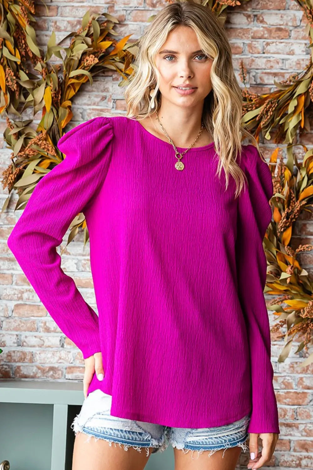 First Love Texture Puff Sleeve Round Neck Blouse 0882d834-8497-4d22-b5d7-a9419f0ecede-Max