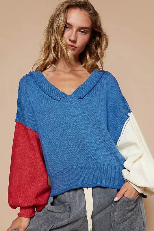 POL Exposed Seam Contrast V-Neck Lantern Sleeve Sweater 08837bbd-2470-4d88-89ee-f71284616998-Max