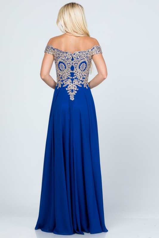 Off Shoulder Evening Gown – Gold Lace Appliqué Chiffon Dress for Women 08859176-e266-4a74-8e12-c7fd709b0f12