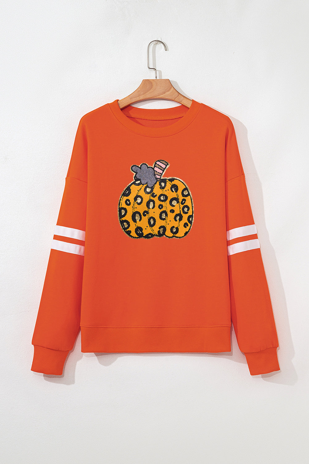 Orange Leopard Pumpkin Terry Flocking Graphic Varsity Oversized Sweatshirt 088b9a74afdaa781