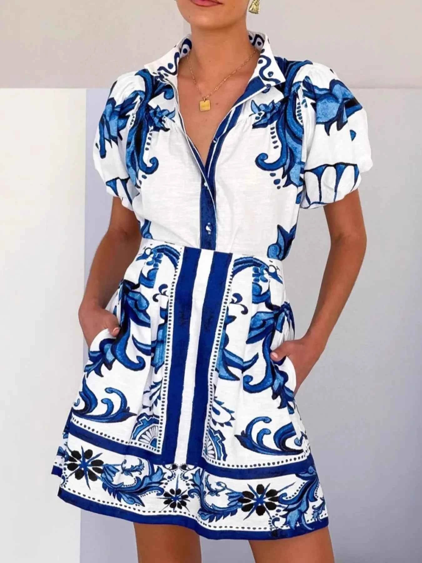 Printed Puff Sleeve Top and Skirt Set Blue 088e6960-05f4-45ce-8741-a58de52ddddb-Max-Origin