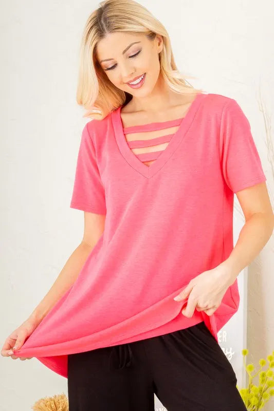 Heimish Full Size V-Neck Short Sleeve T-Shirt with Bar Detail Plus Size 0898a193-7ef6-414e-823a-ef6083214272-Max