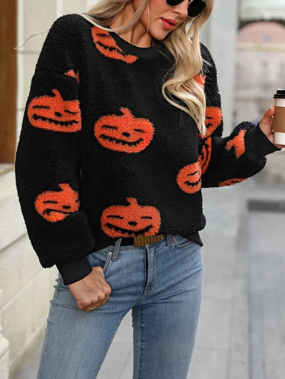 Fuzzy Pumpkin Round Neck Dropped Shoulder Sweater 0898f5a2-1d87-4ff1-9bdc-d456e1e931d8-Max