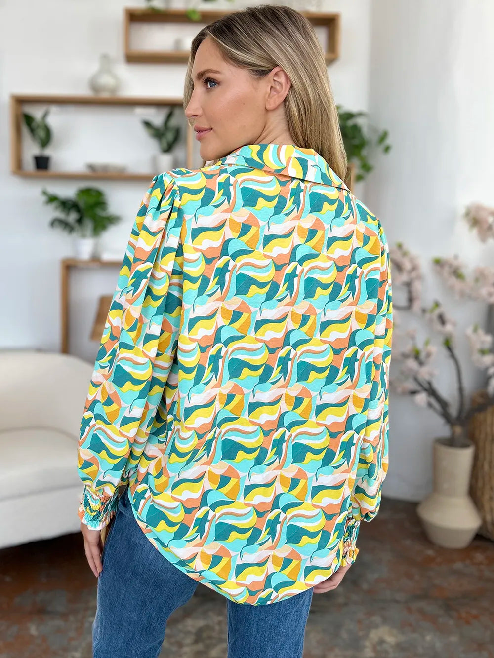 Double Take Full Size Printed Smocked Long Sleeve Blouse 08a1ec04-0c83-4996-9964-4cb7bf7851a9-Max