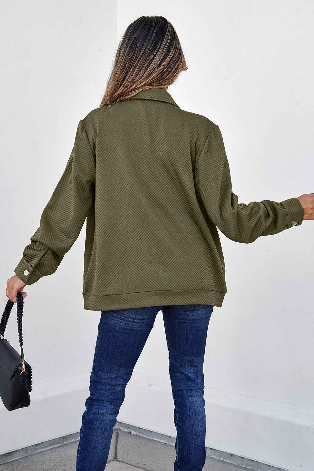 Blackish Green Solid Color Zip Up Button Flap Pocket Shirt Collar Jackets 08aa734719b5aa0e
