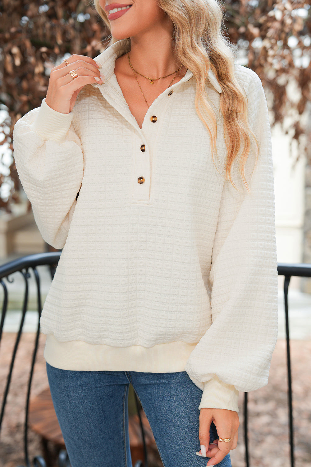 Beige Balloon Sleeve Casual Collared Button Sweatshirt Beige 95%Polyester+5%Elastane 08af1d9efed2c3ef