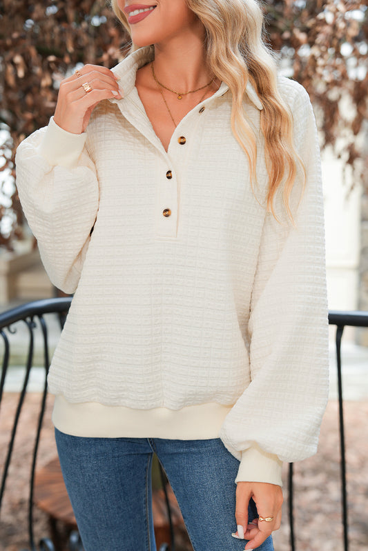 Beige Balloon Sleeve Casual Collared Button Sweatshirt Beige 95%Polyester+5%Elastane 08af1d9efed2c3ef