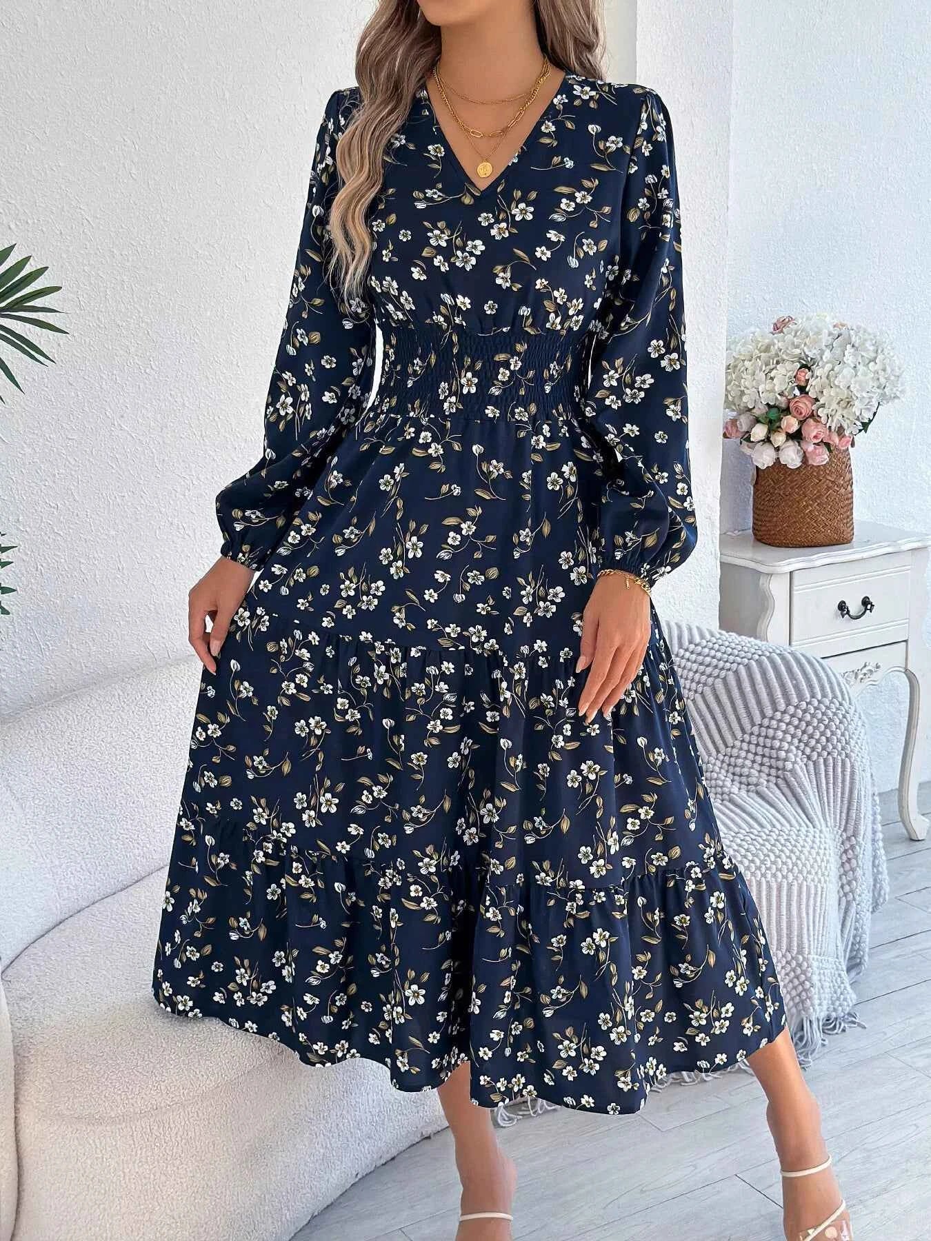 Floral Print Long Sleeve V-Neck Midi Dress 08ba0778bf0f43d3a57baa4275b87cd5-Max-Origin