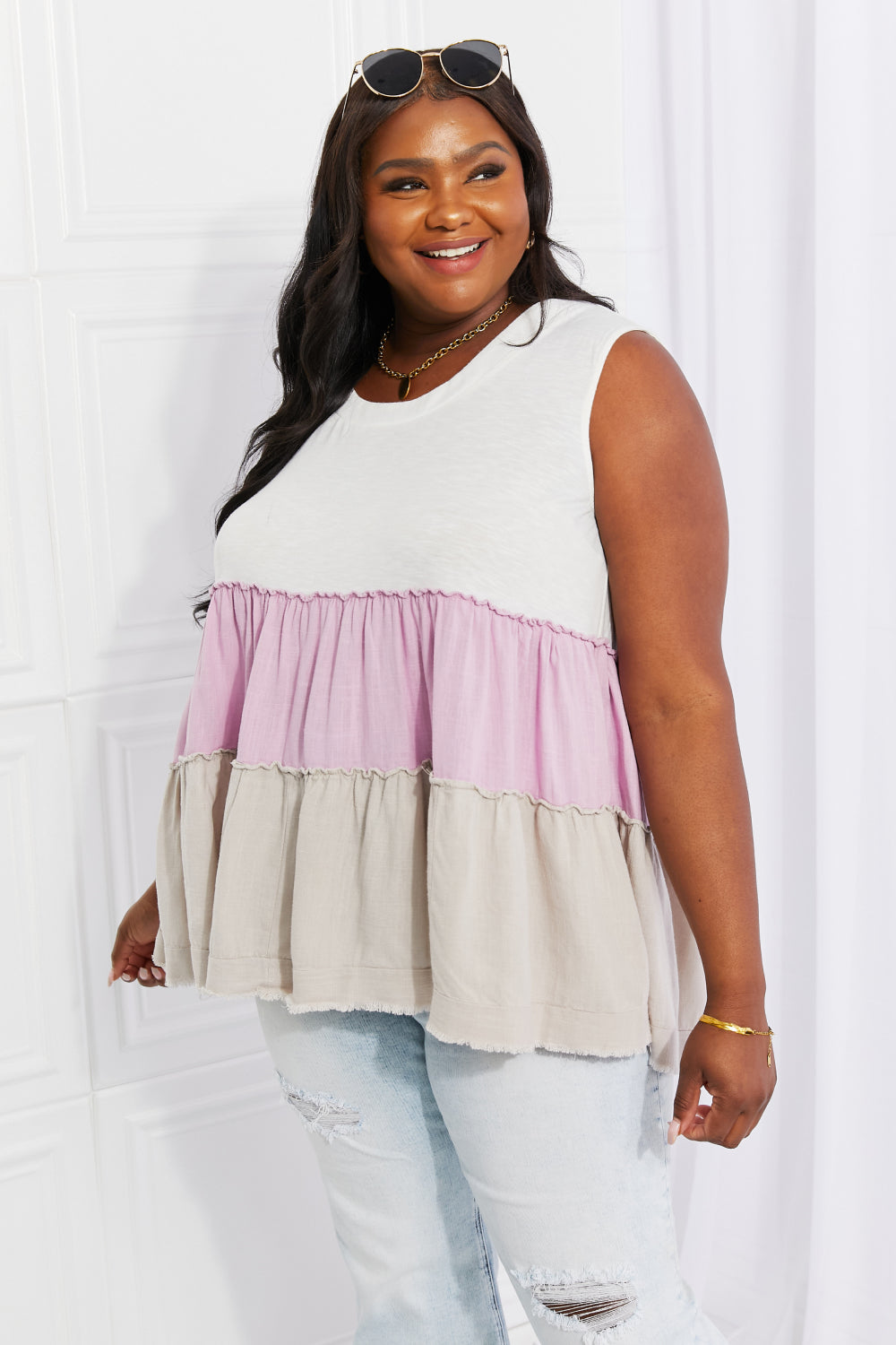 White Birch Full Size Watching the Sunset Color Block Babydoll Top 08bb11f866b147178ac9766045d1e697-Max