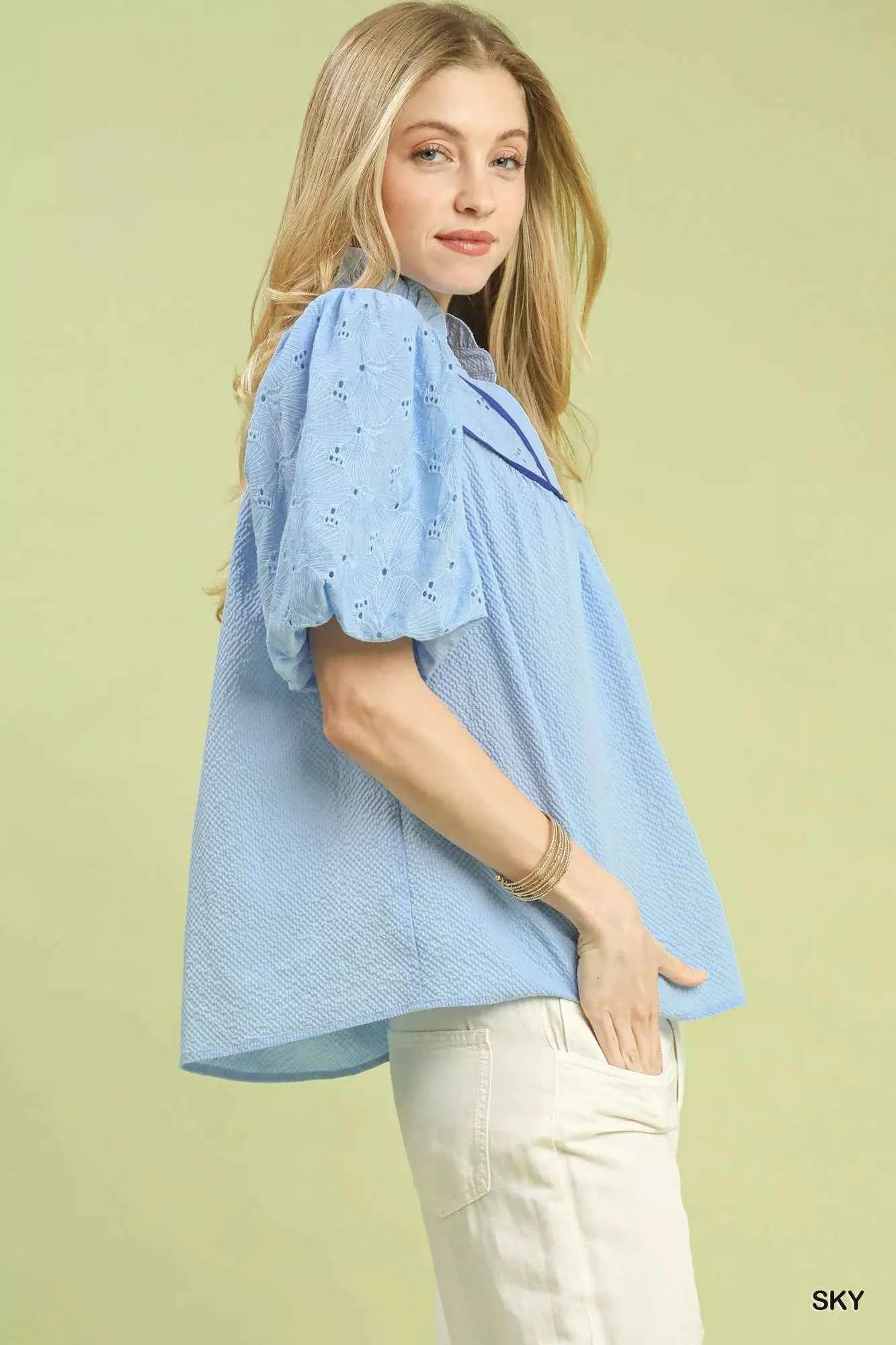 Umgee Puff Sleeve Eyelet Mix Top with Contrast Piping 08bbbd20-52fb-4953-9e26-1ae15e1db35b-Max-Origin