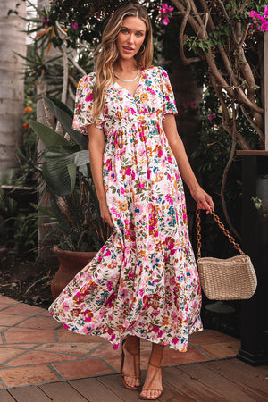 Red Floral Short Sleeve V Neck High Waist Maxi Dress Red 80%Viscose+20%Polyamide 08bbd22c71bc2061