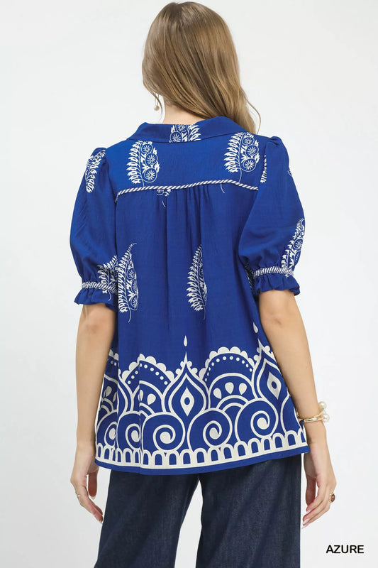 Printed Puff Sleeve Split Neck Top 08c140e8-e371-4a57-841a-d0d7649336ab-Max-Origin