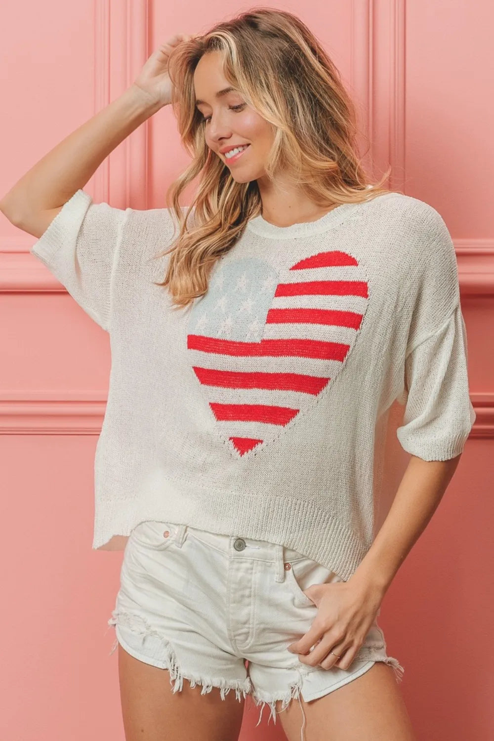 BiBi Striped Heart Contrast Knit Top Off White 08c24590-9265-4448-94e8-bb881d107552-Max