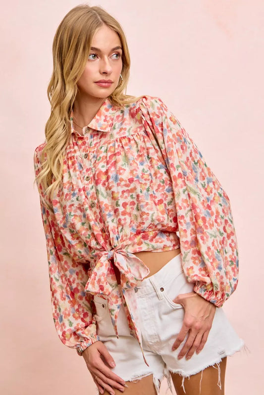 Floral Print Tie Hem Detail Crop Shirt FLORAL 08c4d30e-ef9d-48d2-b6f1-526252637896-Max-Origin