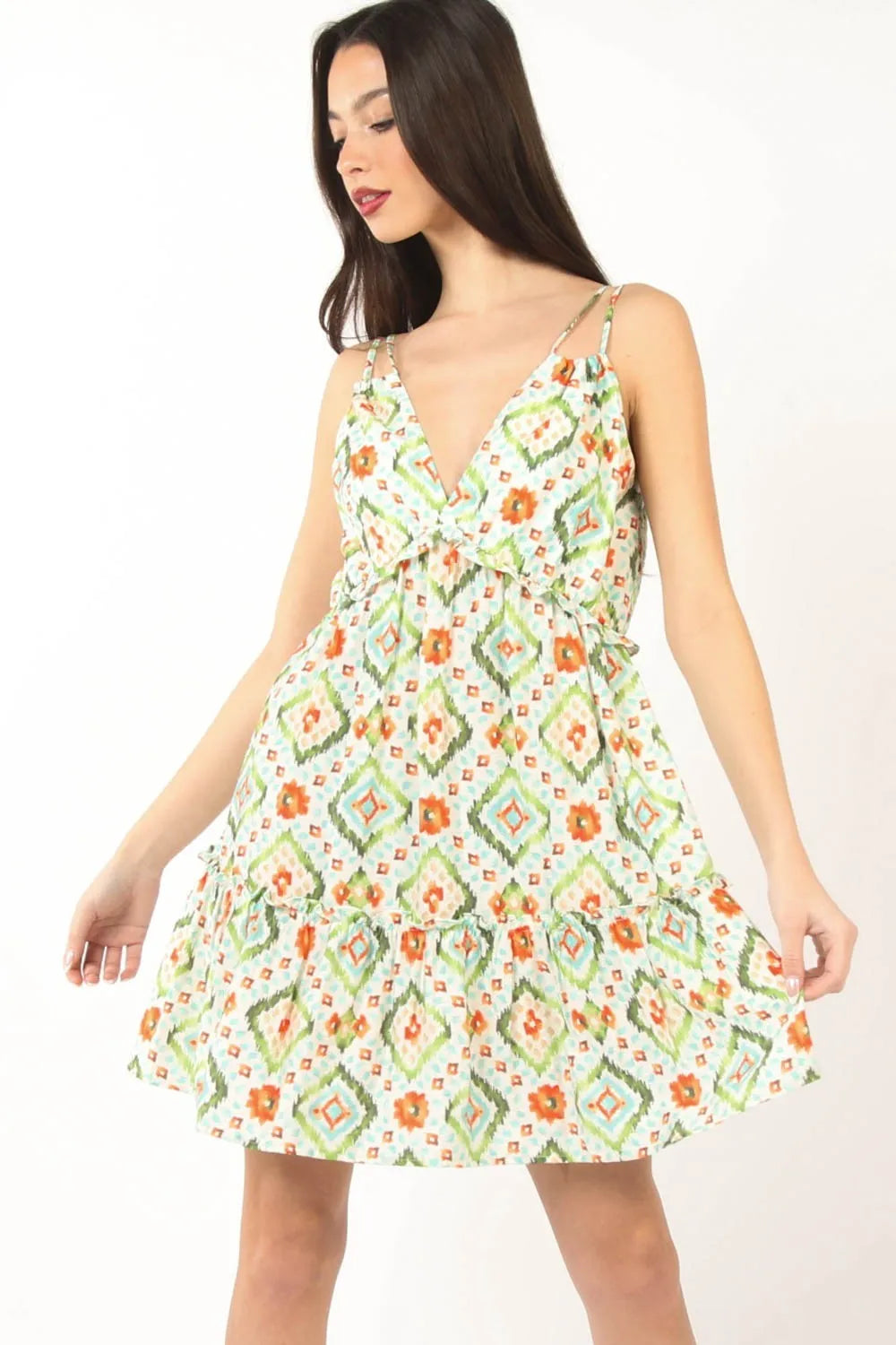 VERY J Floral Back Smocked Ruffled Mini Dress Green Multi 08ca1da2-5028-40fa-8d06-37dc96f5c01a-Max