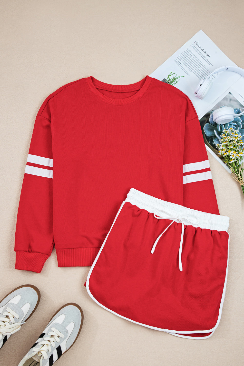 Tillandsia Purple Varsity Stripe Detail Drop Shoulder Pullover Mini Skirt Set 08ca2ee1e5b12f1b