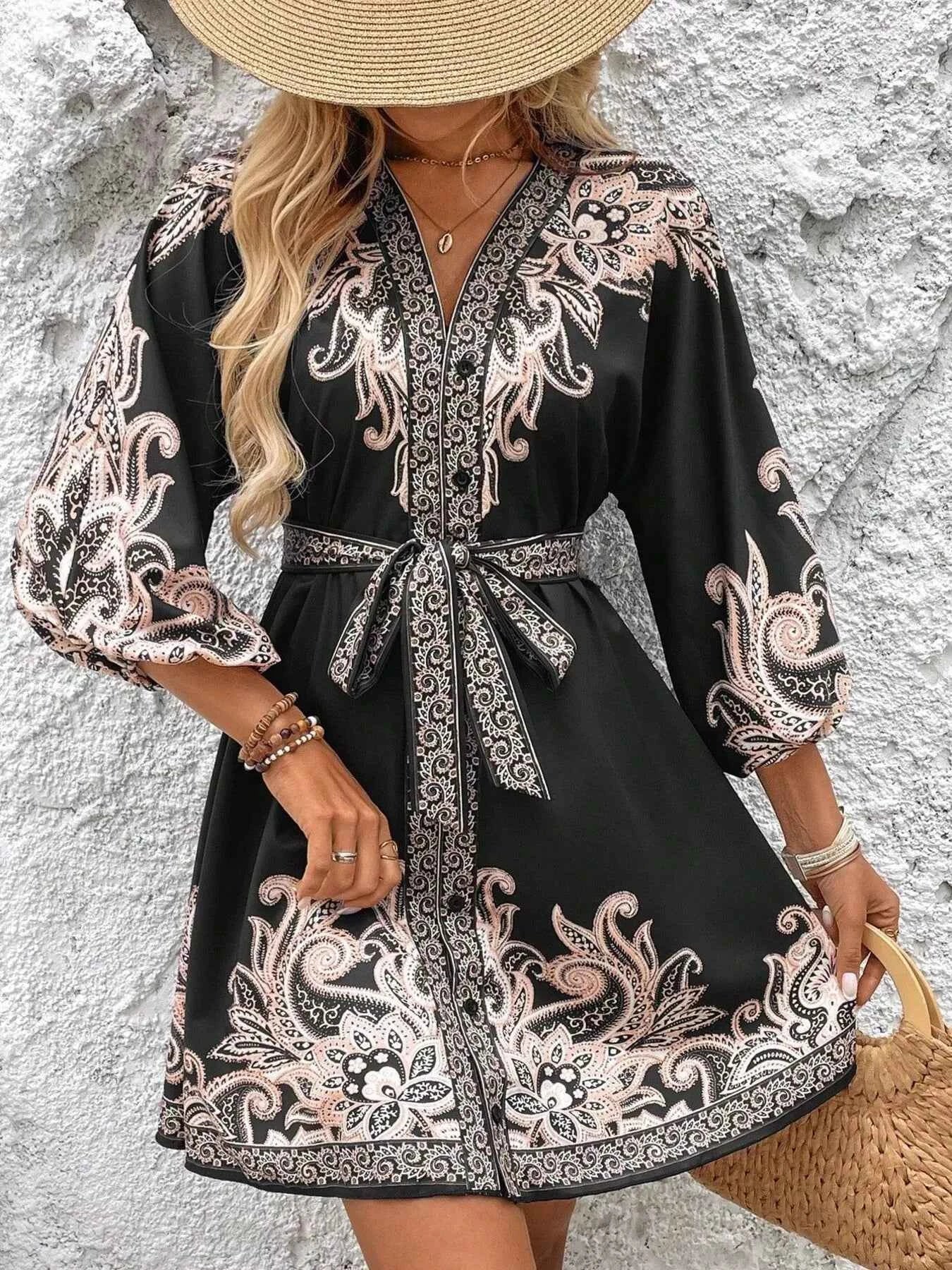 Printed Balloon Sleeve Mini Dress 08cbd4c045b64a12b3e3868bf9890895-Max-Origin